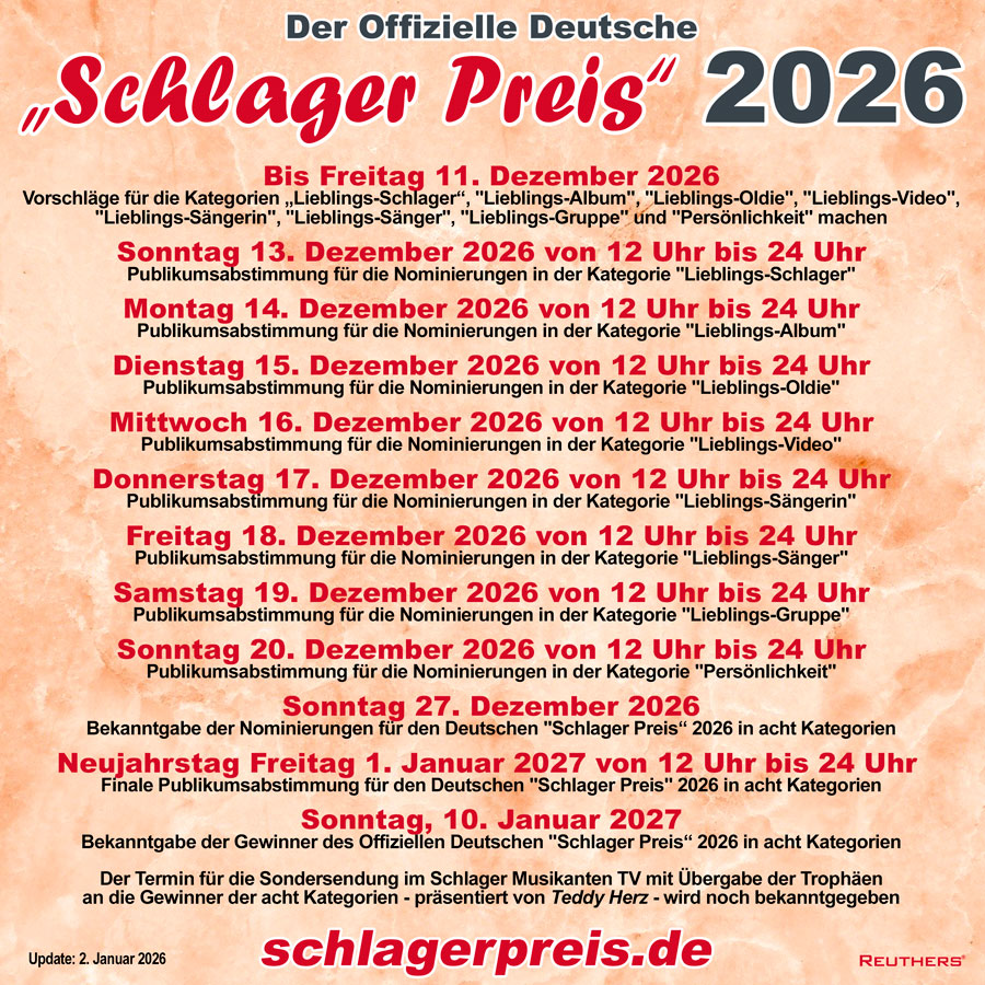 Schlager Preis 2026 - Zeitplan